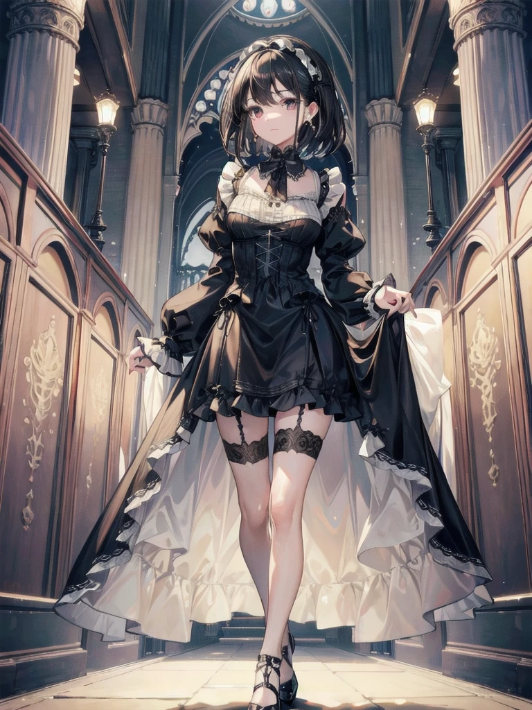 Masterpiece, absurdness, high detailed, black hair, gothic lolita, full body, standing, white thighhighs,