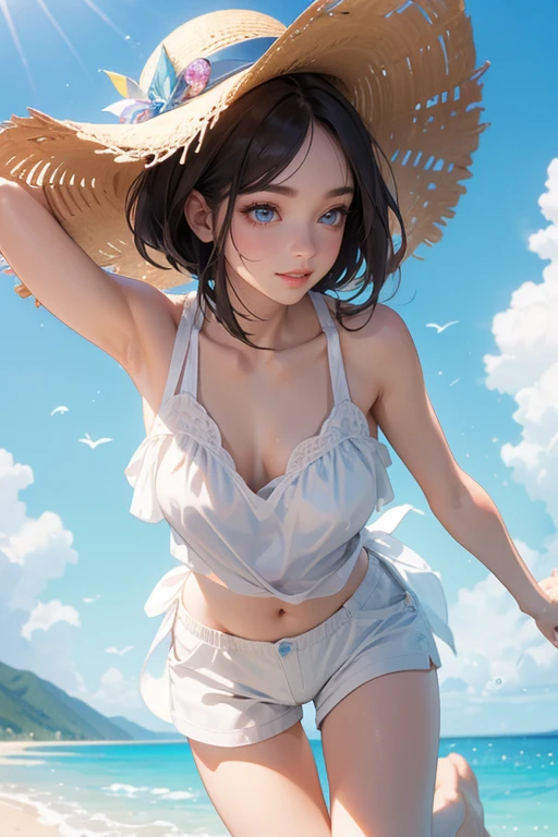 (Highest quality、masterpiece、High resolution、8K)、Vibrant colors、1 Female、Young and beautiful woman、whole body、(Detailed face、Beautiful Eyes、Beautiful nose、Pretty lips)、Black and brown short bob、White tank top and shorts、barefoot、Jump High、Surprised Smile、Official Art、The background is the sea、blue sky、Wide sandy beach、Wide forest、White waves and sandy beach、White Entrance Cloud、