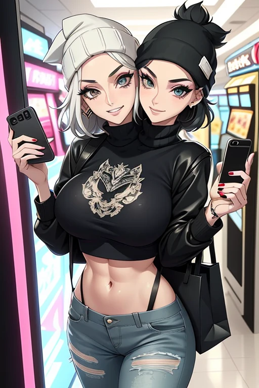 2heads, tall skinny woman with 2 heads. In an arcade. Short messy hair. Wearing a beanie. Wearing a tight crop top. Wearing ripped jeans. Carrying a shopping bag. Many piercings and tattoos. Eyeliner, baggy eyes. Mature, tall. Laughing, happy. Selfie, POV selfie, taking a selfie.