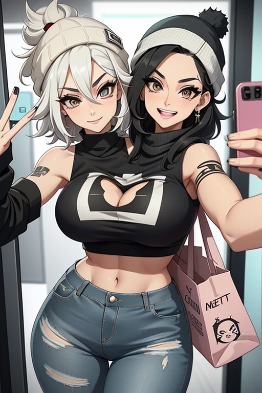 2heads, tall skinny woman with 2 heads. In an arcade. Short messy hair. Wearing a beanie. Wearing a tight crop top. Wearing ripped jeans. Carrying a shopping bag. Many piercings and tattoos. Eyeliner, baggy eyes. Mature, tall. Laughing, happy. Selfie, POV selfie, taking a selfie.