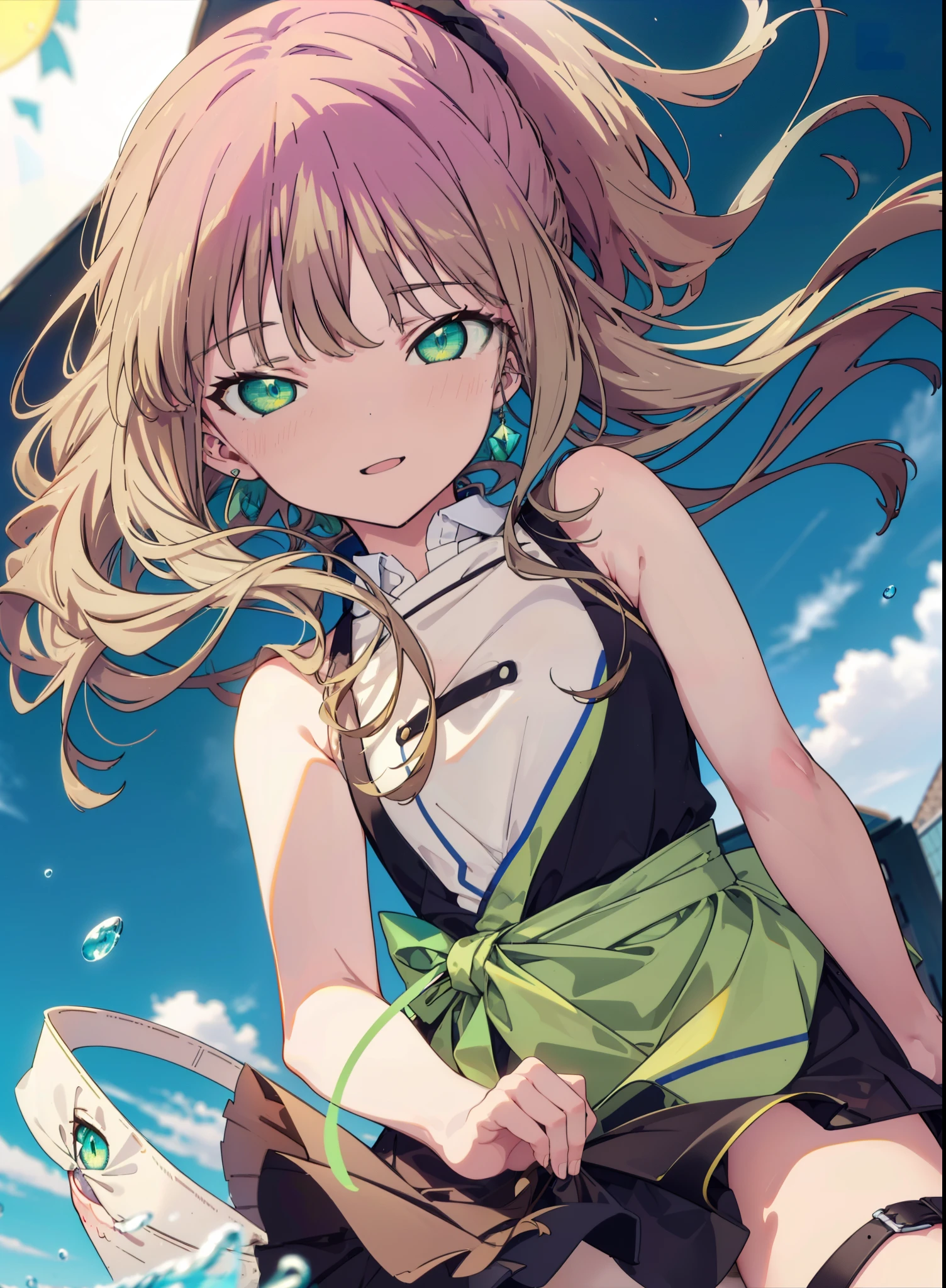 minami yume ,sss Dynazenon ,Long Hair, Brown Hair, (Green Eyes:1.5) ,Center of chest,hair band,ponytail,happy smile, smile, Open your mouth, Blue sleeveless dress,Long skirt,Cute heeled sandals,whole bodyがイラストに入るように,Daytime,Clear skies,Walking,
break looking at viewer, whole body,(Cowboy Shot:1. 5),
break outdoors, Residential Street,
break (masterpiece:1.2), Highest quality, High resolution, unity 8k wallpaper, (shape:0.8), (Beautiful and beautiful eyes:1.6), Highly detailed face, Perfect lighting, Highly detailed CG, (Perfect hands, Perfect Anatomy),