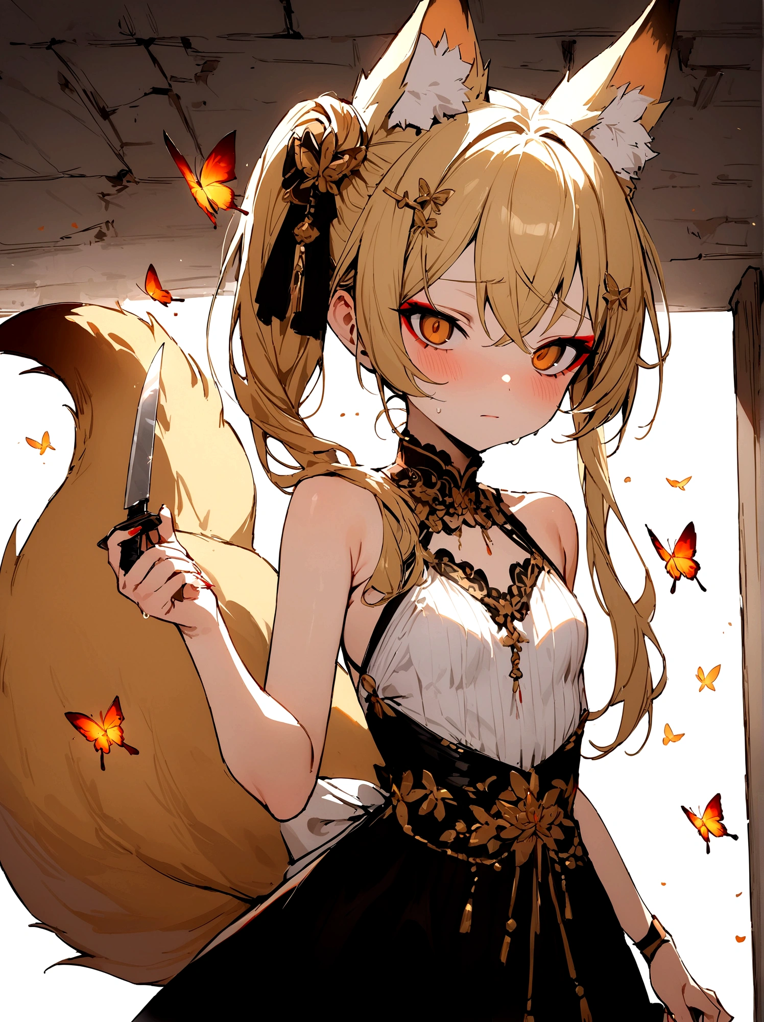(masterpiece, best quality) junior,detailed, (beautiful,small breasts), blonde,long hair, side ponytail(tied to the left),Hairpin decoration with gold butterfly, elegant, (fox ears),nine tailed fox tail, red eyeshadow, golden eyes, femur,dark background,Alley background,girl,Yandere expression,blood stains on face,blood stains on clothes,holding a sword hilt,bloody dagger(knife),evil smile
