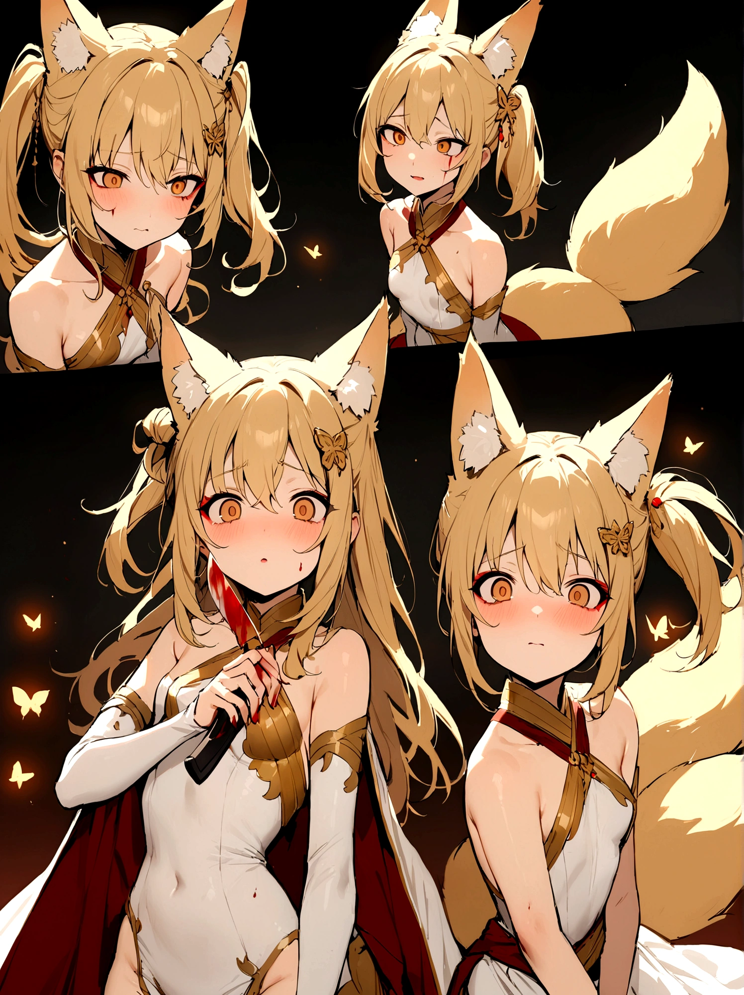 (masterpiece, best quality) junior,detailed, (beautiful,small breasts), blonde,long hair, side ponytail(tied to the left),Hairpin decoration with gold butterfly, elegant, (fox ears),nine tailed fox tail, red eyeshadow, golden eyes, femur，girl,Yandere expression,bleeding,holding a knife,bloody knife,Murder