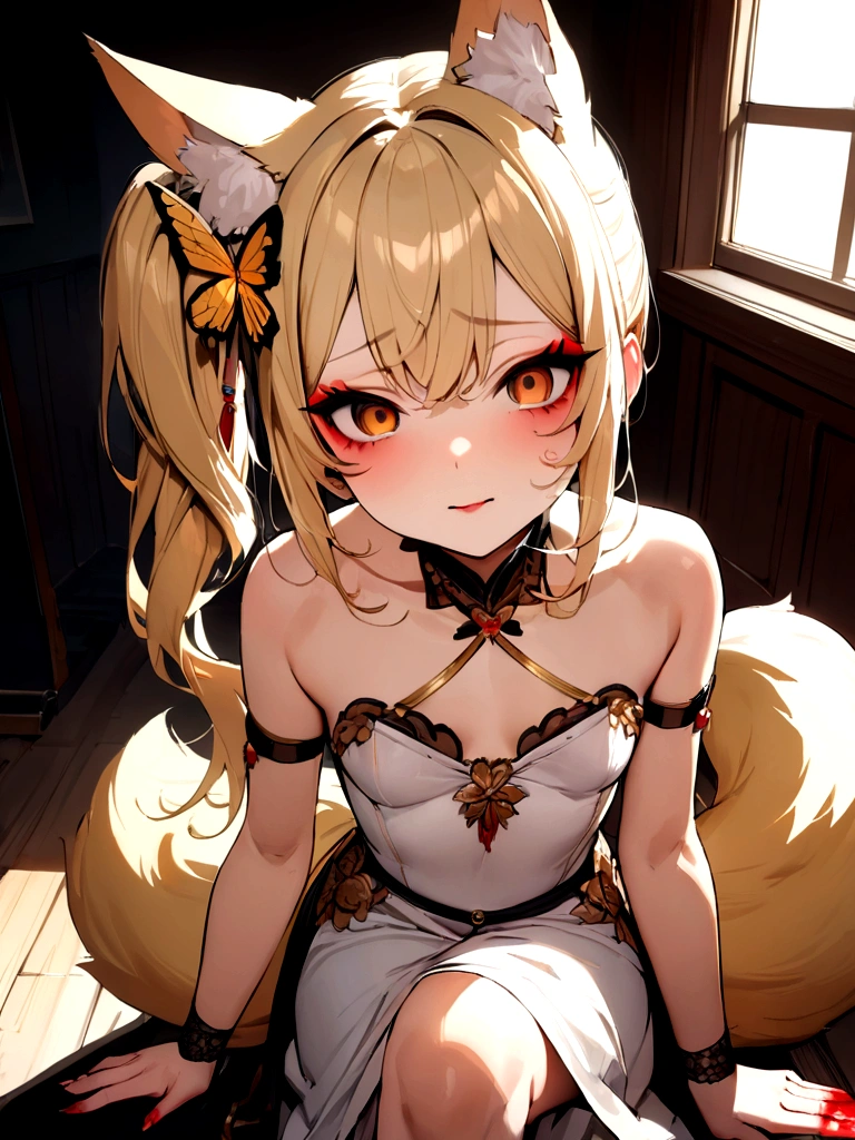 girl anime style short white and gold skirt seductive pose medium sized breasts blonde long hair flushed cheeks cat ears 