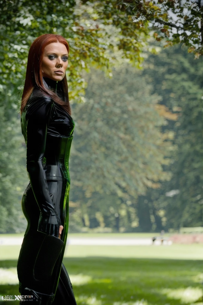 photo of woman, blackwidow, half body, bodysuit, looking at viewer, high detailed skin, trees, park, grass, 8k uhd, dslr, soft lighting, high quality, film grain, Fujifilm XT3 