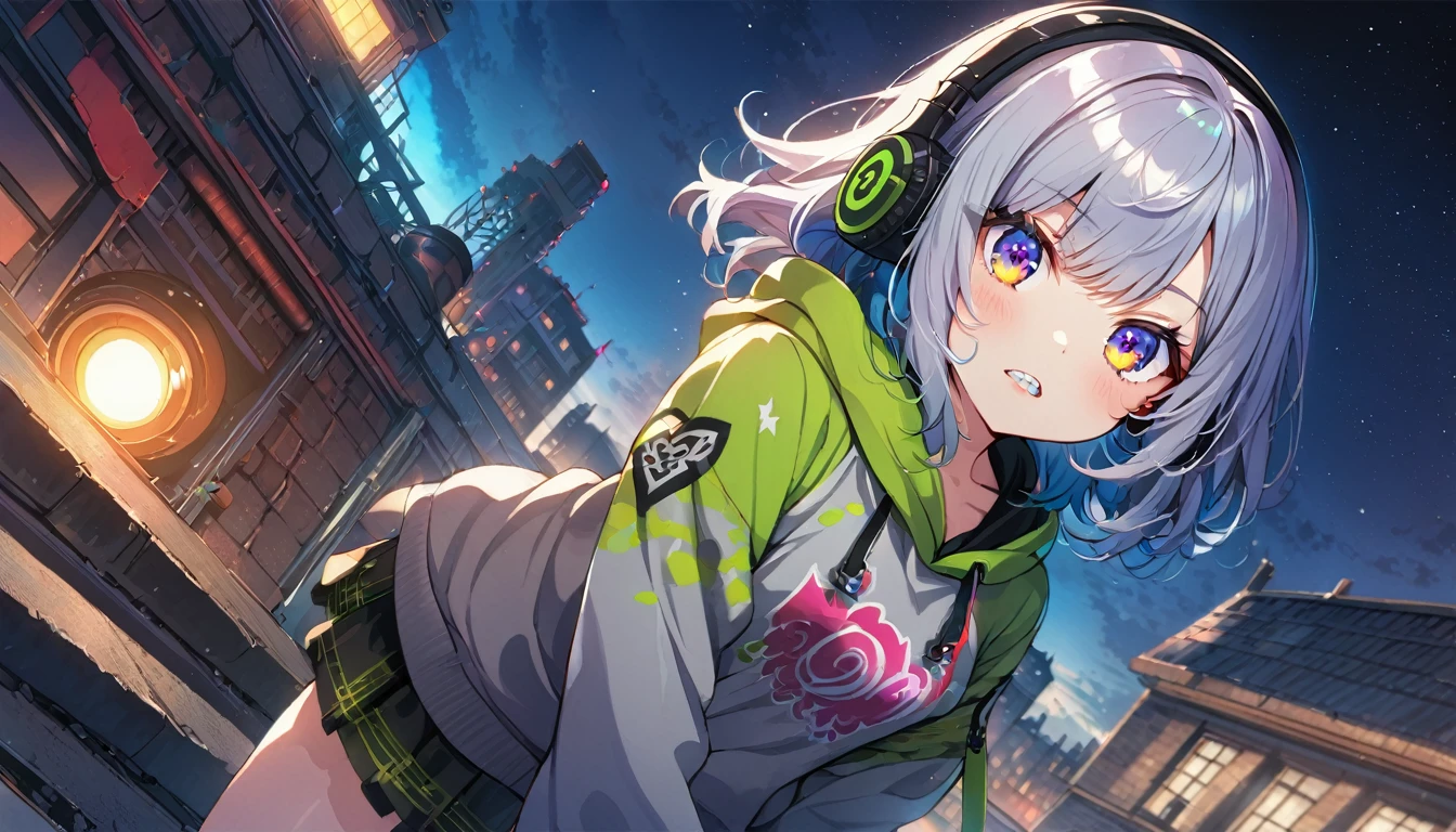 ((Masterpiece)), ((best quality)), (Anime:1.3), (super detail:1.2), (High Definition:1.3), (Professional Photography:1.3), cute young Girl, Glossy unruly hair, (loose swept bangs), (silver ash hair), medium hair, big eyes, (Eye bags:1.3), (Long eyelashes), colorful eyes, (Rocket launcher:1.3), (peek into the aim:1.5), Glossy lips, (jagged teeth), farewell, ((Camouflage hoodie with oversized)), mini skirt, (upper body:1.3), barearms, cute, (colorful:1.3), gothic makeup, (wearing headphone), pretty, Celtic, maniac, (at the roof of the building:1.5), (dutch angle:1.3), (from front), starry night,