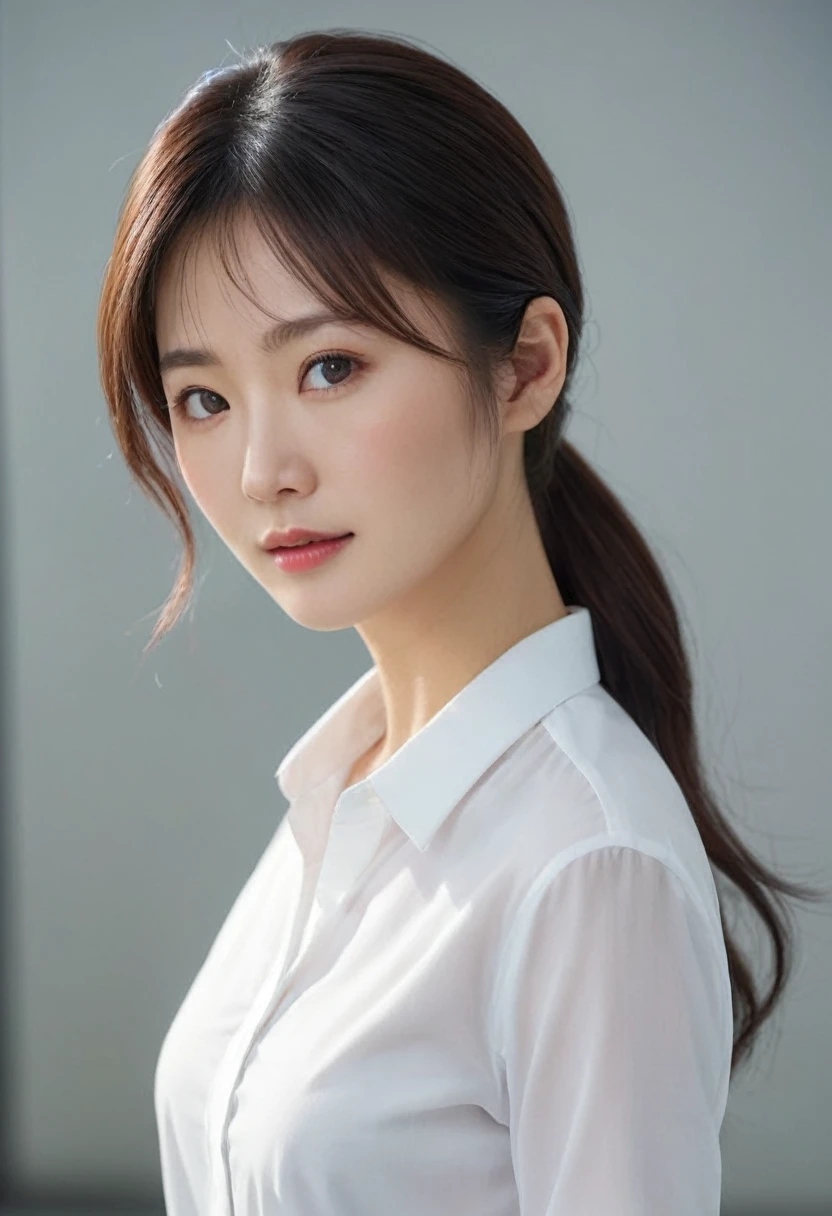 (Portrait: 1.3), (photo realistic:1.4), Sharp Focus, looking at viewer, (smoother lighting:1.1), (increase cinematic lighting quality:0.9), realistic lighting, light on face, ray trace, (brightening light:1.2), (Increase quality:1.4), sharp detail, (best quality real texture skin:1.4), finely detailed eyes, black_eyes, finely detailed face, 38 year old Korean woman, (white formal_shirt:1.4), (Create an image maintaining the original base model hairstyle:1.5), (hyper realistic:1.4), backlighting, Masterpiece, high quality, UHD, ccurate, textured skin, super detail