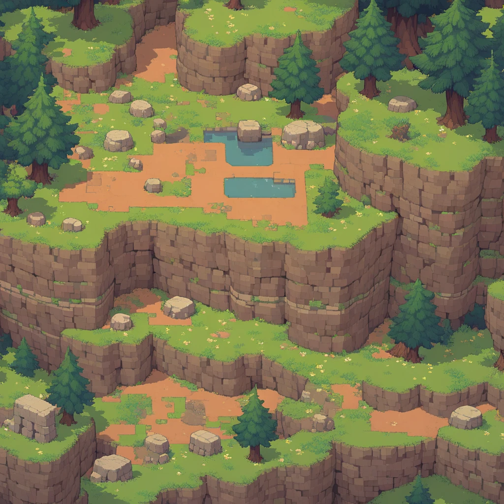 retro video game style,pixelated, vibrant pastel colors,8-bit characters,blocky shapes,sharp lines,detailed shading,classic gaming vibe,nostalgic atmosphere,classic arcade games,masterpiece:1.2,ultra-detailed,illustration style, 2d texture, stone texture, 4 k seamless mud texture, video game texture, dirt texture, tileset, game tiles, grass, 3/4th perspective trees, 3/4th perspective tileable rock texture, 3/4th perspective tileable cliff formations, tileable trees, topdown view, game texture, game art, tileable texture, very detailed cliff texture, intricate stones, top down view, 3/4th perspective