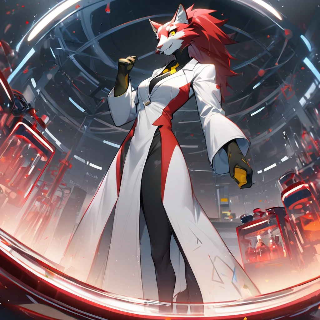 1girl,solo,furry, furry_female,Mature female,cat humanoid,red hair,Yellow eyes,tall person,tall stature,slender,researcher,laboratory,wearing a white coat,looking at viewer,very near,standing up,