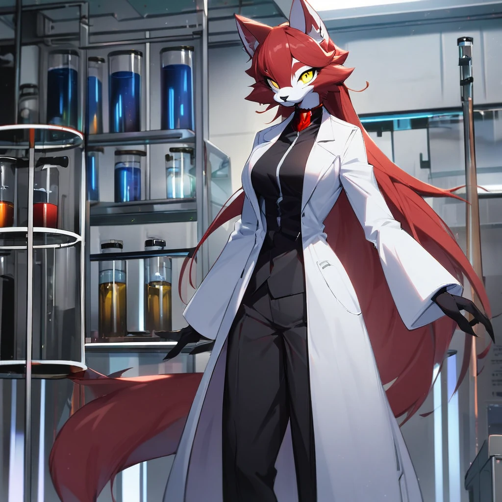 1girl,solo,furry, furry_female,Mature female,cat humanoid,red hair,Yellow eyes,tall person,tall stature,slender,researcher,laboratory,wearing a white coat,looking at viewer,very near,standing up,