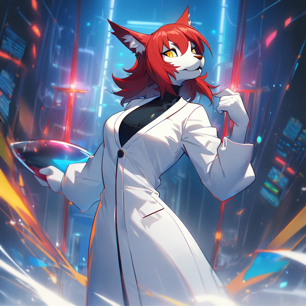 1girl,solo,furry, furry_female,Mature female,cat humanoid,red hair,Yellow eyes,tall person,tall stature,slender,researcher,laboratory,wearing a white coat,looking at viewer,very near,standing up,