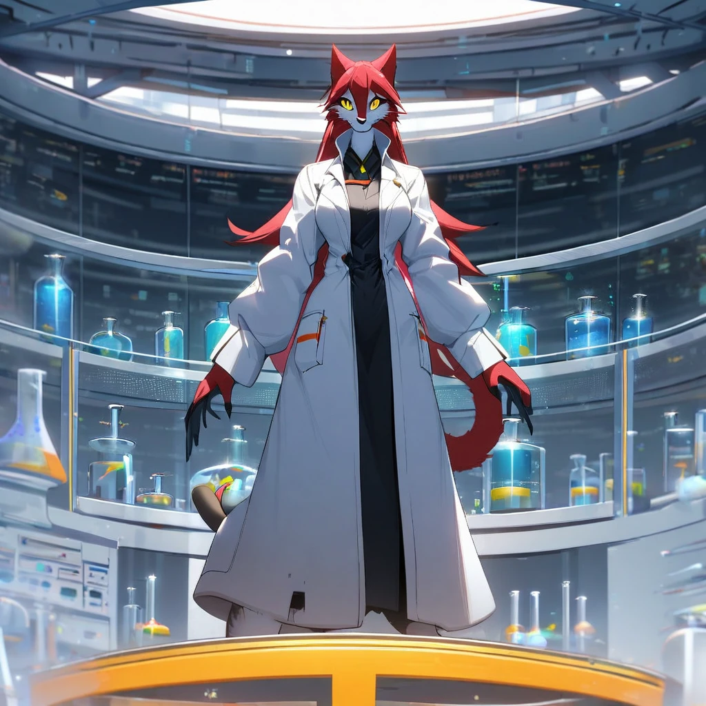 1girl,solo,furry, furry_female,Mature female,cat humanoid,red hair,Yellow eyes,tall person,tall stature,slender,researcher,laboratory,wearing a white coat,looking at viewer,very near,standing up,
