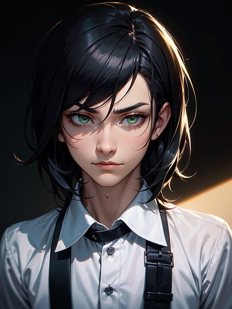 ((Portrait Photo)), He has a Youthful and Nonchalant Black-Haired Appearance, with a Slim Build and Calm Demeanor. He Expresses an Indifferent and Lazy Look, Giving Off a Serene Glint. He has Light Green Eyes, and His Hair is Short, Black and Tousled, with Strands Falling Over His Face. He Wears Simple, Urban Clothing, with a Casual White Button-Down Shirt, Accompanied by a Black Straps. ((Portrait Photo, HDR, Dark Background))