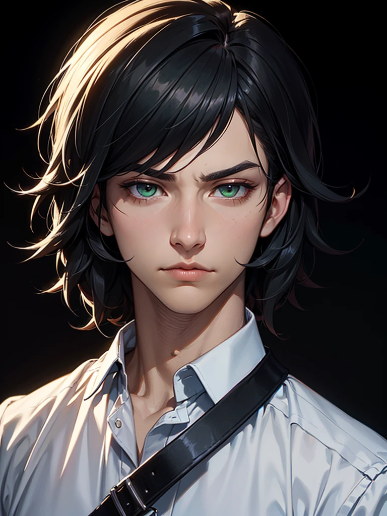 ((Portrait Photo)), He has a Youthful and Nonchalant Black-Haired Appearance, with a Slim Build and Calm Demeanor. He Expresses an Indifferent and Lazy Look, Giving Off a Serene Glint. He has Light Green Eyes, and His Hair is Short, Black and Tousled, with Strands Falling Over His Face. He Wears Simple, Urban Clothing, with a Casual White Button-Down Shirt, Accompanied by a Black Straps. ((Portrait Photo, HDR, Dark Background))