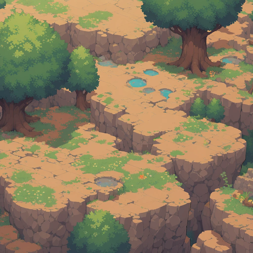retro video game style,pixelated, vibrant pastel colors,8-bit characters,blocky shapes,sharp lines,detailed shading,classic gaming vibe,nostalgic atmosphere,classic arcade games,masterpiece:1.2,ultra-detailed,illustration style, 2d texture, stone texture, 4 k seamless mud texture, video game texture, dirt texture, tileset, game tiles, grass, 3/4th perspective trees, 3/4th perspective tileable rock texture, 3/4th perspective tileable cliff formations, tileable trees, topdown view, game texture, game art, tileable texture, very detailed cliff texture, intricate stones, top down view, 3/4th perspective