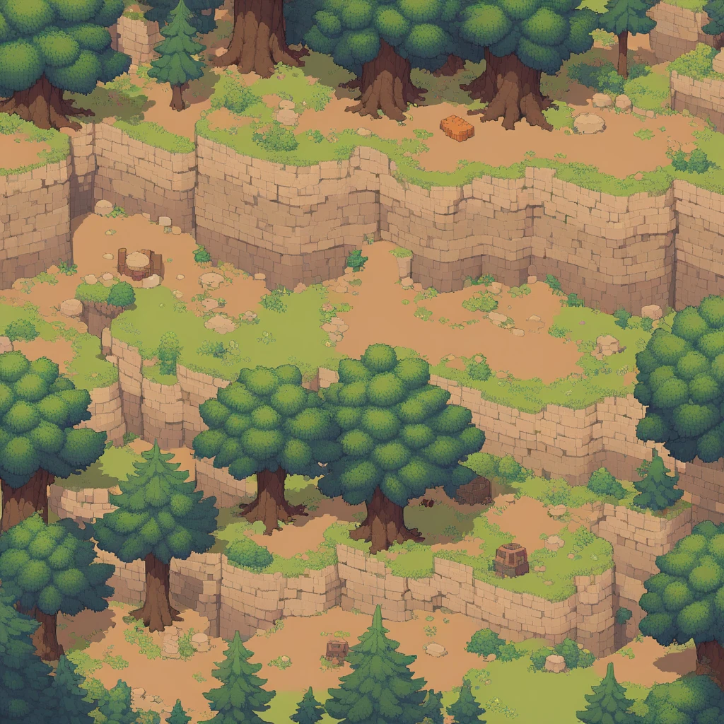 retro video game style,pixelated, vibrant pastel colors,8-bit characters,blocky shapes,sharp lines,detailed shading,classic gaming vibe,nostalgic atmosphere,classic arcade games,masterpiece:1.2,ultra-detailed,illustration style, 2d texture, stone texture, 4 k seamless mud texture, video game texture, dirt texture, tileset, game tiles, grass, 3/4th perspective trees, 3/4th perspective tileable rock texture, 3/4th perspective tileable cliff formations, tileable trees, topdown view, game texture, game art, tileable texture, very detailed cliff texture, intricate stones, top down view, 3/4th perspective