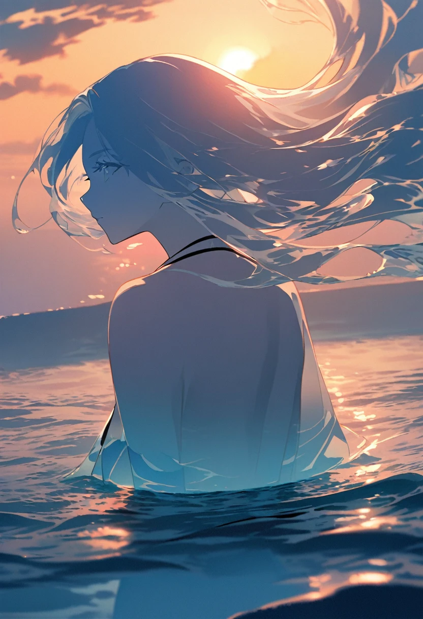 "In a dynamic manga style, a highly transparent character,wearing bikini,stands against the ocean waves and the horizon at sunset. The character is highly transparent, allowing the movement of the waves and the reflection of the sunset on the water to be clearly visible through their silhouette. The blending of the character's edges with the ocean background creates a serene and ethereal atmosphere."
