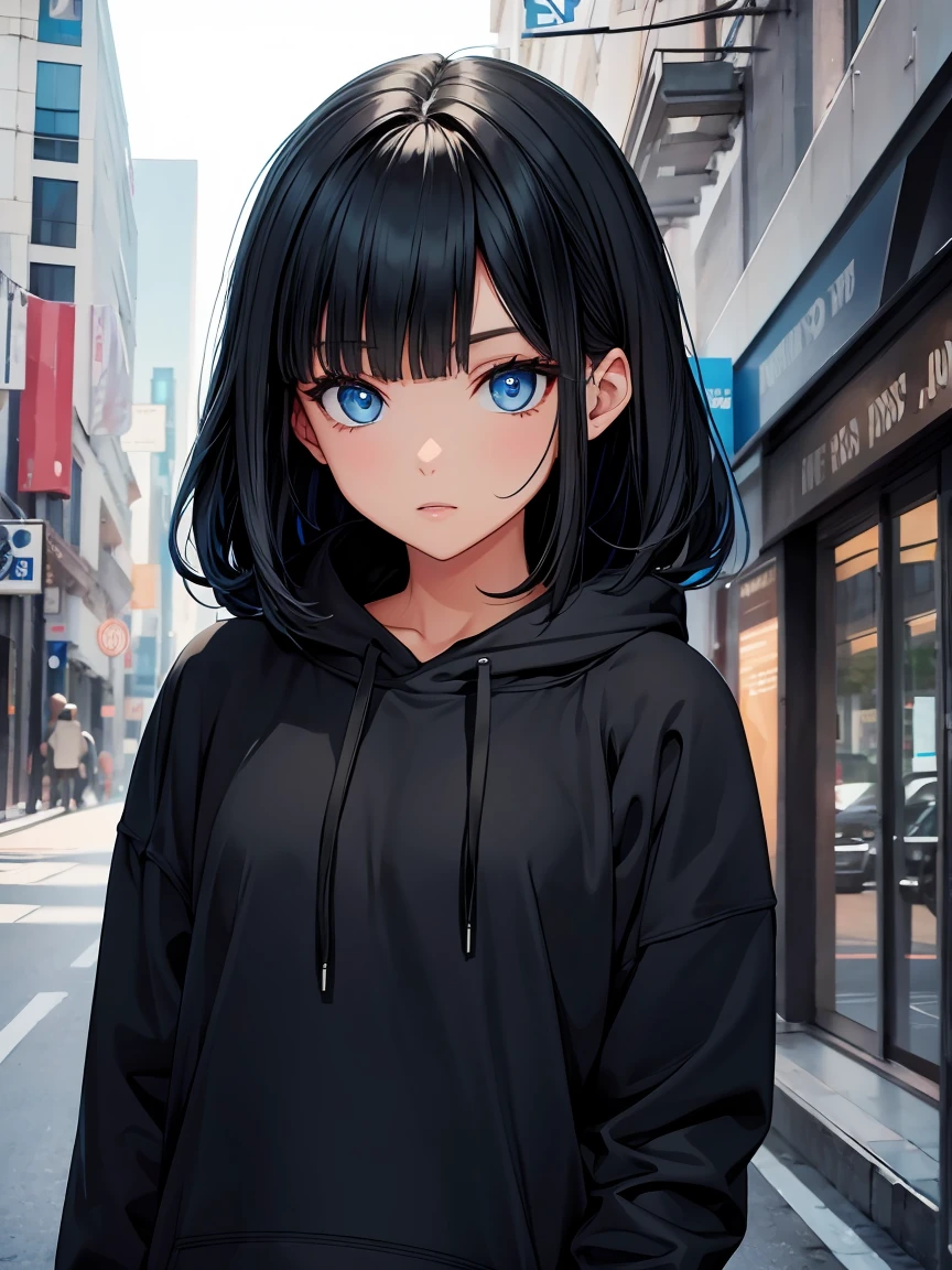 blue eyed girl. with black sweatshirt