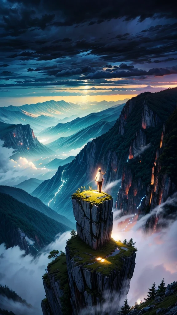 High mountains，Looking down，Thunder and lightning，Stormy weather，Spectacular，Shock。