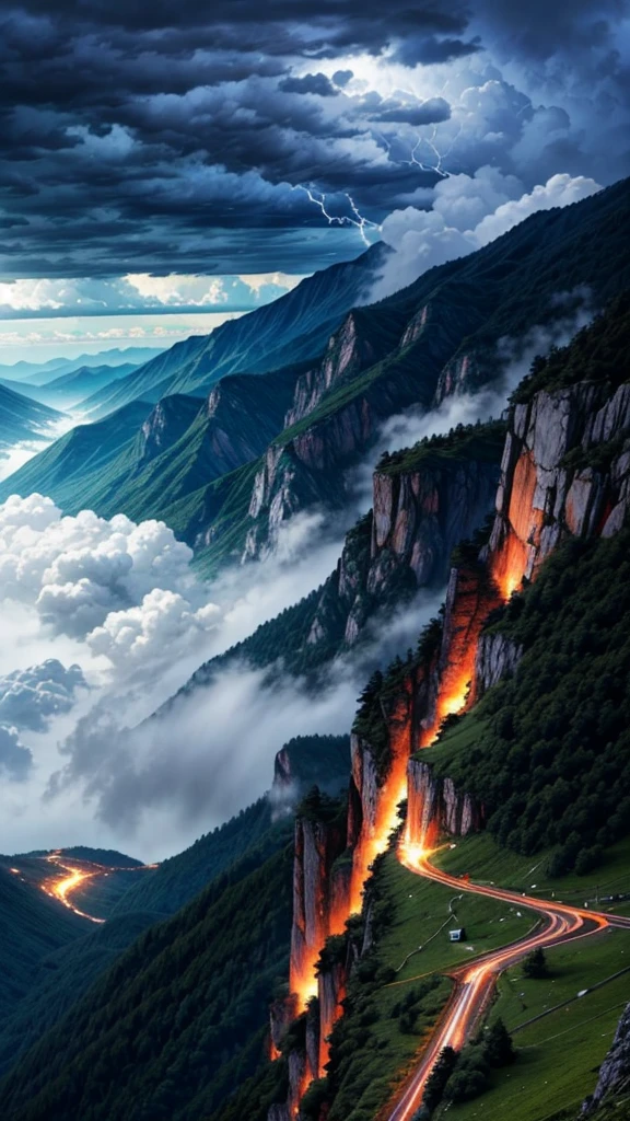 High mountains,Looking down,Thunder and lightning,Stormy weather,Spectacular,Shock。