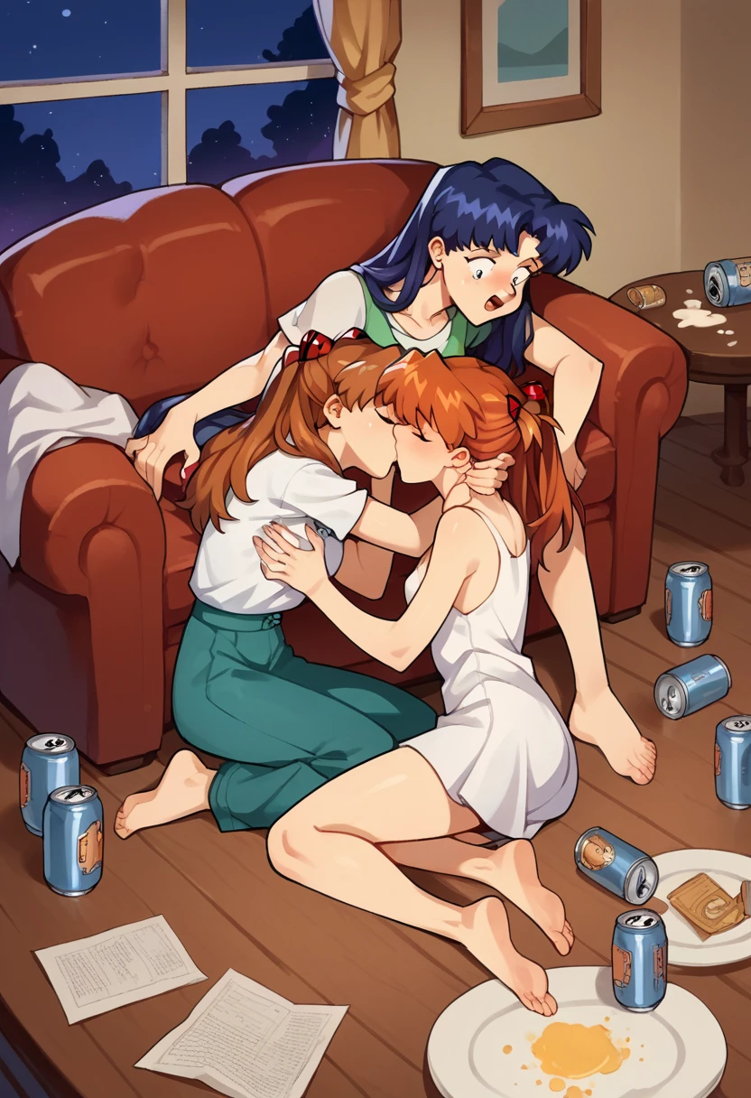 score_9, score_8_up, score_7_up, score_6_up, score_5_up, score_4_up, (source_anime), 2girls, evangellion, asuka langley (small breasts), katsuragi misato (Higher) (big breasts), yuri, Messy apartment, full body, breast sucking, beer cans, drunk, breast milk, Surprised, Low Illumination, 1Sleeping, Dawn, night, Huge breasts