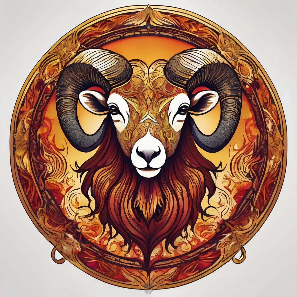 Fierce ram composed of flame patterns, Art Nouveau-inspired linework, passionate and dynamic, flickering fire illumination, intricate swirling designs, gradient of warm yellows to deep reds, centered chest and upper back print, embossed metallic effect, elemental zodiac collection, T-shirt design graphic, vector, contour, white background