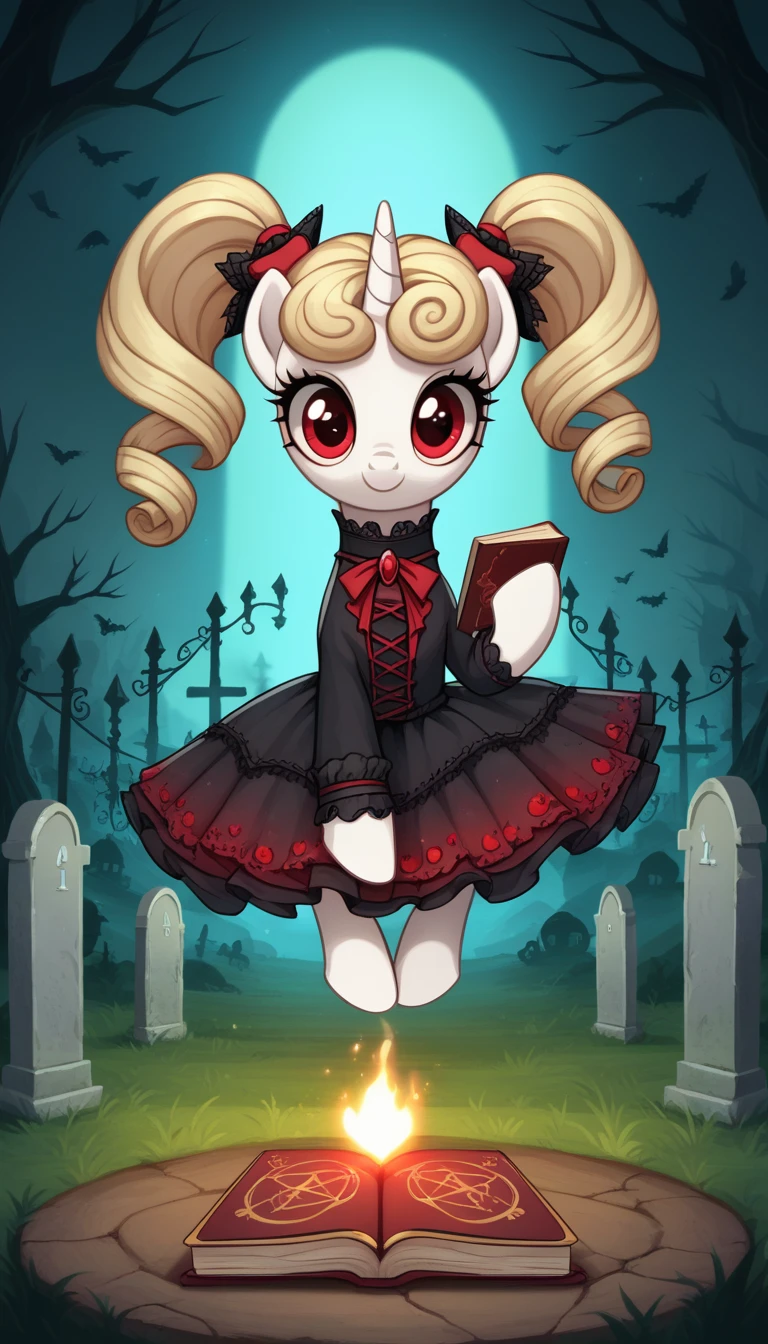 score_9,score_8_up,score_7_up,score_6_up, filly, unicorn, white fur, curly blonde hair, cute twintails, red eyes, Gothic pony, cute lolita fashion, glowing backlight, fashion show, graveyard, glitter, whimsical, enchanted, magical, fantasy art concept, intricate details, insane evil smile, blood splatter on face, floating, levitating spell book, glowing pentagram, zombie ponies