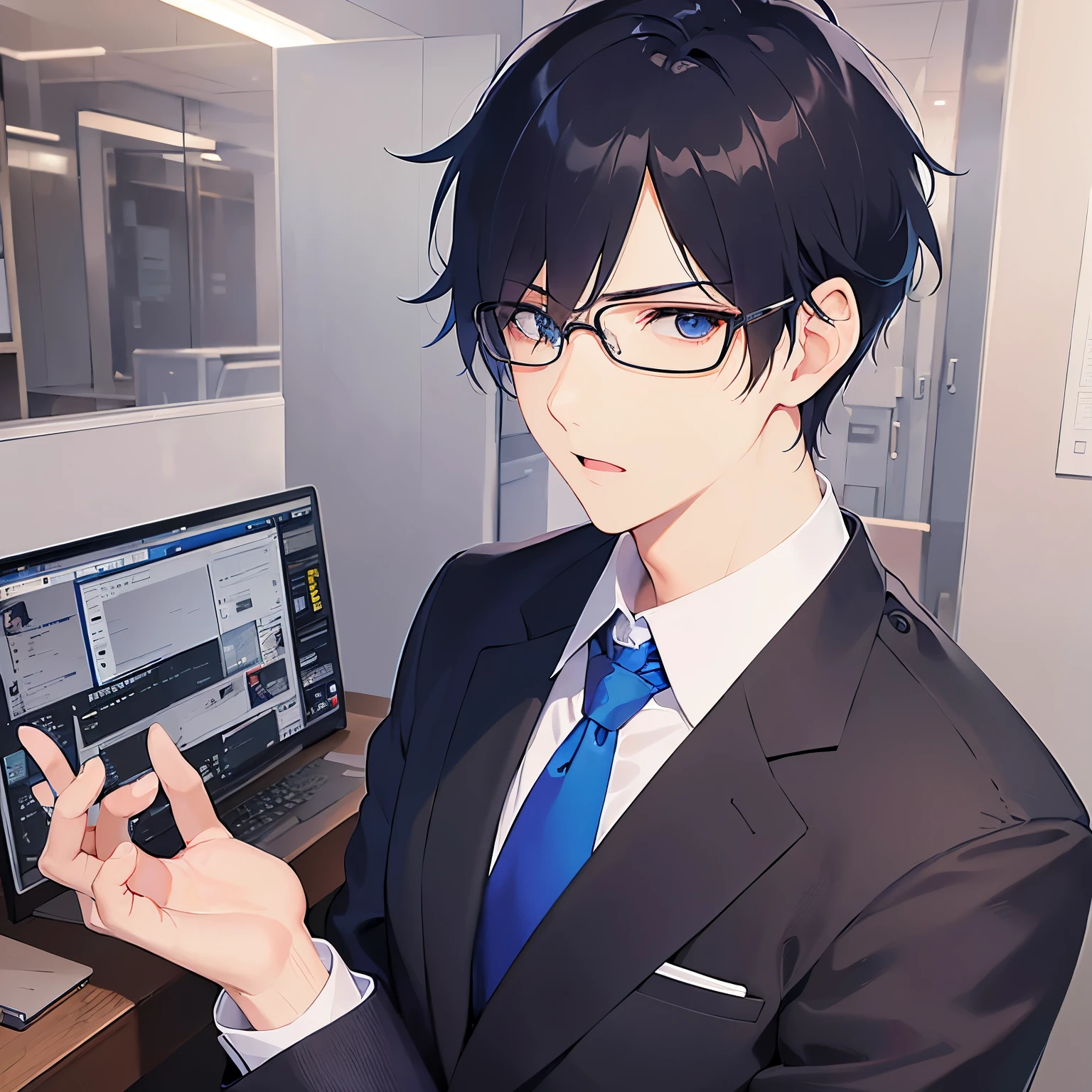 side angle, plastic frame eyewear、upper body、shiny skin, masterpiece、Highest quality、(25-year-old male:1.5) and (Black short hair) and (blue eyes), Hair over one eye, (Wearing a suit:1.5) and (Blue tie)、angry、open mouth, The background is the office、(Alone:1.5)、