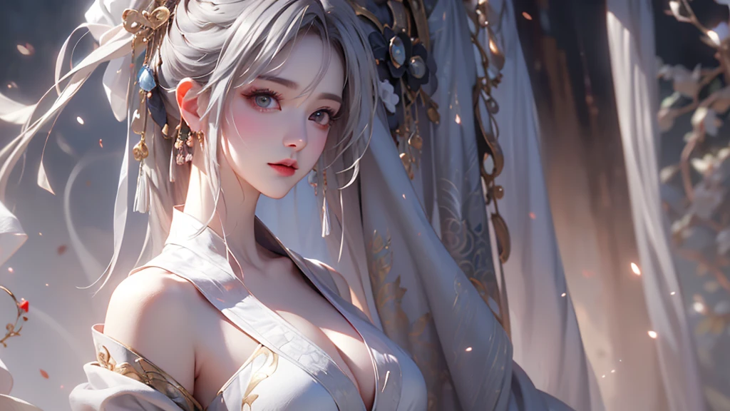 super high quality, masterpiece, Perfect illustration, Very detailed (Exquisite light and shadow, Very dramatic photo,Backlight) , ((Gray Hair:1.5))1 Girl,(( alone:1.6)), (Wearing Han clothes, Black and white Hanfu,Monotony,Long sleeve) (White smoke:1.3) (Realistic:1.4), Official Art, unity 8k wallpaper, Very detailed, Beautiful and beautiful, masterpiece, Highest quality, (Dynamic Angle: 1.4), Glowing Skin, (Floating colorful flashes: 1) The most beautiful chaotic shapes, elegant, Brutalist Design, Bright colors, Romantic Depth of Field Exotic_dance, half_naked、Expose your shoulders、Ample breasts、Great cleavage、