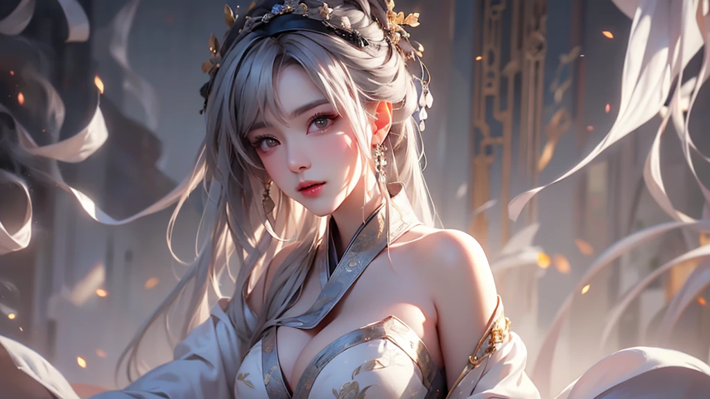 super high quality, masterpiece, Perfect illustration, Very detailed (Exquisite light and shadow, Very dramatic photo,Backlight) , ((Gray Hair:1.5))1 Girl,(( alone:1.6)), (Wearing Han clothes, Black and white Hanfu,Monotony,Long sleeve)  (White smoke:1.3) (Realistic:1.4), Official Art, unity 8k wallpaper, Very detailed, Beautiful and beautiful, masterpiece, Highest quality, (Dynamic Angle: 1.4), Glowing Skin, (Floating colorful flashes: 1) The most beautiful chaotic shapes, elegant, Brutalist Design, Bright colors, Romantic Depth of Field Exotic_dance, half_naked、Expose your shoulders、Ample breasts、Great cleavage、
