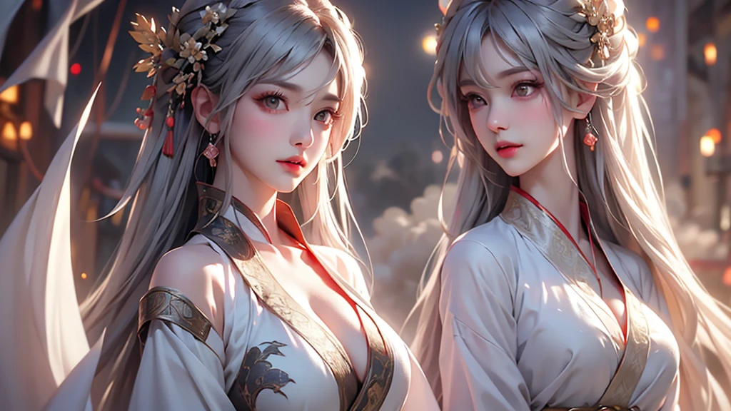 super high quality, masterpiece, Perfect illustration, Very detailed (Exquisite light and shadow, Very dramatic photo,Backlight) , ((Gray Hair:1.5))1 Girl,(( alone:1.6)), (Wearing Han clothes, Black and white Hanfu,Monotony,Long sleeve) (White smoke:1.3) (Realistic:1.4), Official Art, unity 8k wallpaper, Very detailed, Beautiful and beautiful, masterpiece, Highest quality, (Dynamic Angle: 1.4), Glowing Skin, (Floating colorful flashes: 1) The most beautiful chaotic shapes, elegant, Brutalist Design, Bright colors, Romantic Depth of Field Exotic_dance, half_naked、Expose your shoulders、Ample breasts、Great cleavage、
