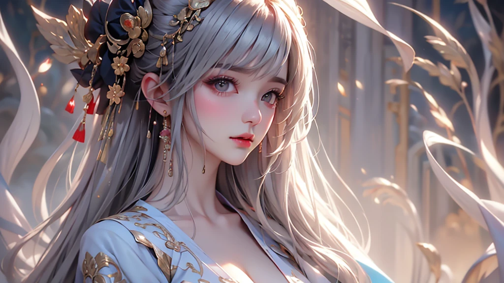 super high quality, masterpiece, Perfect illustration, Very detailed (Exquisite light and shadow, Very dramatic photo,Backlight) , ((Gray Hair:1.5))1 Girl,(( alone:1.6)), (Wearing Han clothes, Black and white Hanfu,Monotony,Long sleeve)  (White smoke:1.3) (Realistic:1.4), Official Art, unity 8k wallpaper, Very detailed, Beautiful and beautiful, masterpiece, Highest quality, (Dynamic Angle: 1.4), Glowing Skin, (Floating colorful flashes: 1) The most beautiful chaotic shapes, elegant, Brutalist Design, Bright colors, Romantic Depth of Field Exotic_dance, half_naked、Expose your shoulders、Ample breasts、Great cleavage、
