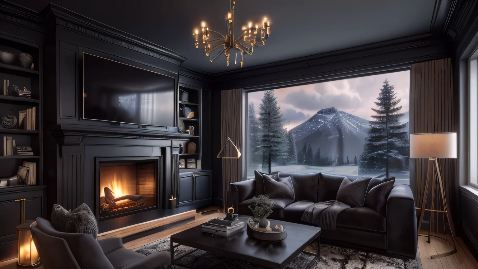 arafed living room with a fireplace and a couch and a table, atmospheric render, photorealistic cinematic render, cozy living room interior, 8 k landscape render, cinematic mood lighting, cozy contemporary living room, dramatic lighting render, daily render, vray 8k render, beautiful and cinematic lighting, moody cinematic lighting, detailed cinematic render, unreal engine realistic render