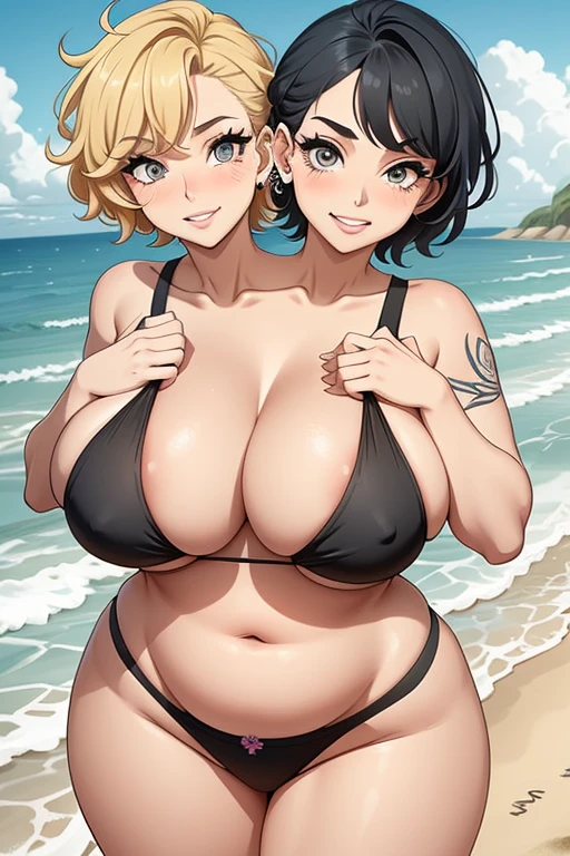 2heads, tall chubby woman with 2 heads. at the beach. Short messy hair. Wearing a swimsuit. Many piercings and tattoos. Eyeliner, baggy eyes. Mature, tall. Laughing, happy. Grabbing breasts, squeezing breasts.