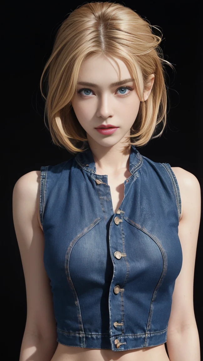 8K, Top Quality, Intricate Details, Ultra Detail, Ultra High Resolution, Masterpiece, close up shot, (full body: 1.1), Slender, Smile, (Makeup: 0.4), ((,)), (Fluffy blue Eyes: 1.21), (()), 1girl, solo, 1 girl, ((cammy white, blonde hair, bangs, short hair, blue eyes, antena hair, abs, scar on cheeks)), close up shot, , ((tall)), (((fit body))), (((slim face))), sharp face, (( )) , (detailed face), sharp face, small lips, perfect hands, (())
((, )), , ((open mini vest, torn denim, denim mini short,)), detailed face, detailed breast,, huge breast , ((detailed nipples)), detail ass, Narrow Waist, Skinny, tall , 175 cm tall, Muscular, Navel, Exposed Abdomen, Pointed Chest,, Beautiful girl with accentuated slender abs: 1.4, Six Pack Abs: 1.4, Bust Botox, Big, Perfect Body, detail leg, (( dark background)), black background,