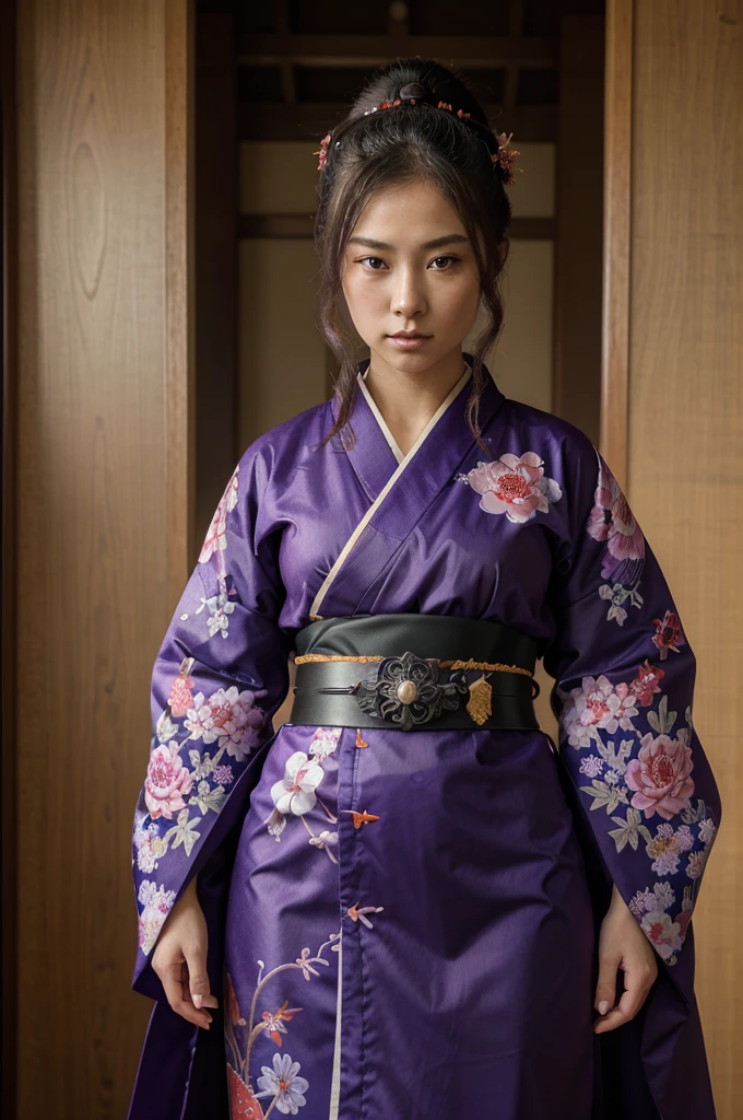 ((Best Quality)), ((Masterpiece)), (detailed), 1 girl, character design, CHARACTER SHEET, traditional japanese kimono, samurai, armor samurai, girl with kimono and samurai and samurai elements, armor, kimono, purple, by hime cut, epic design, wide, Kimono samurai, purple dress, whole body, full body, epic design, creative design.