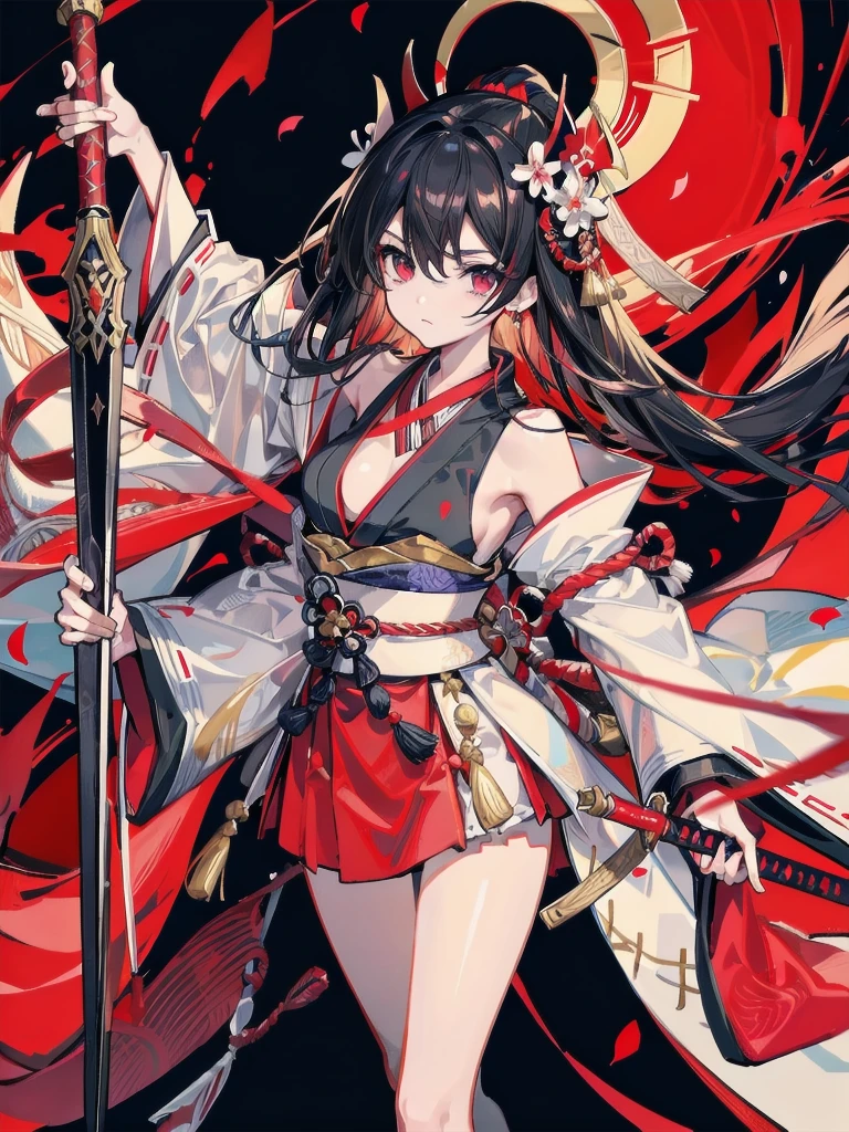 absurdres, RAW photo, extremely delicate and beautiful, masterpiece, Best Quality, ultra high resolution, 32k, hyperrealistic, ultra-detailed, perfect figure, in her 20s, very small head, very small face, delicate facial features, tearful mole, earring, huge breasts, legs, whole body shot, full body shot, medium hair, black hair, red-black costume, holding a sword, Onmyoji, nobushi, Flowing white robe,