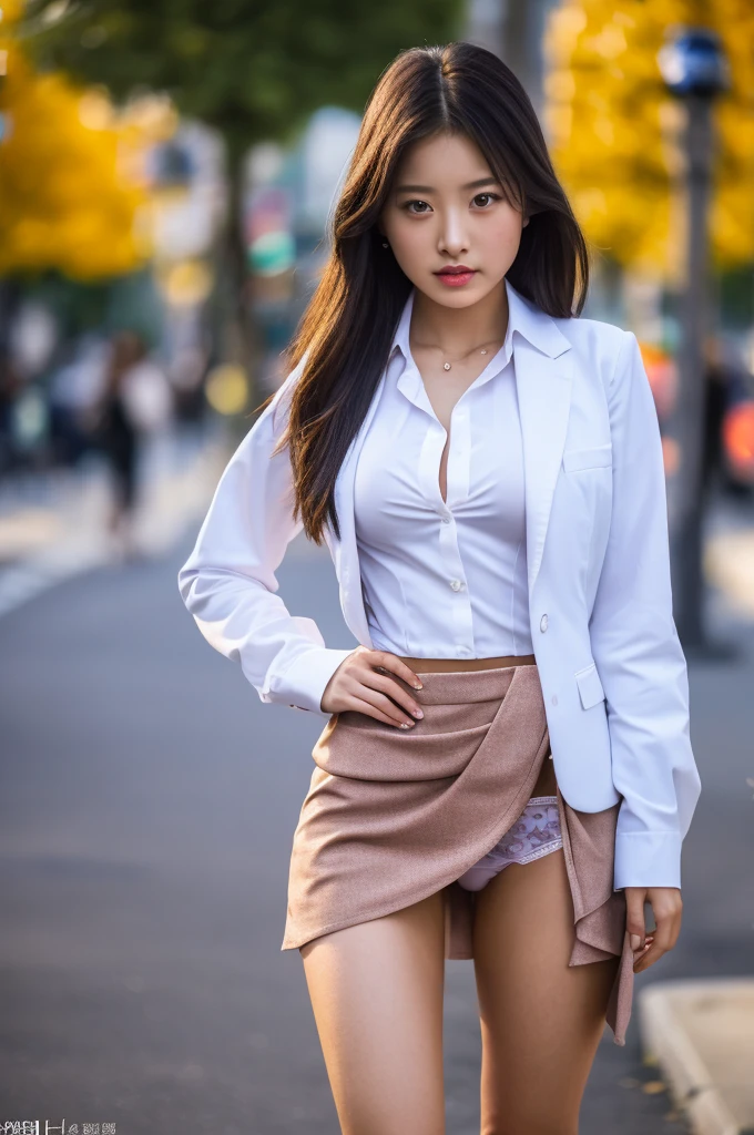 a 17 year old girl, she is the most beautiful actress in the world, the perfect body proportions of this girl, her upper body within the formal shirt are clothed by the blazer and buttoned on her waist area between shirt and short skirt, her crotch area of the panties between her bare legs are hardly hidden by the short skirt, the front of her body, the one description, she is standing straight, at the street, nsfw, best quality, highly detailed, masterpiece, ultra high res, photo realistic, 8k, RAW photo