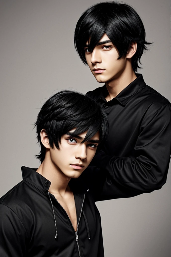 Boy with black hair and eyes, anime style black clothes