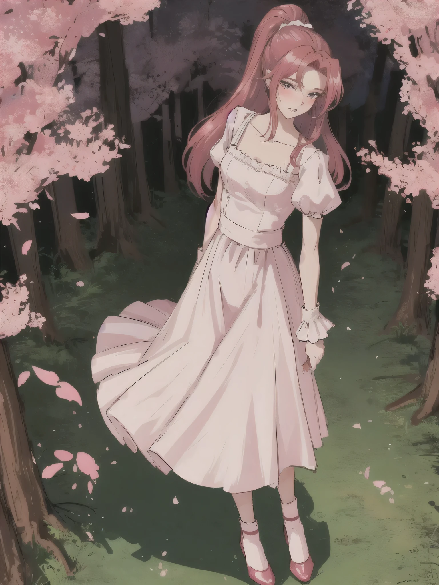 A girl ，Light pink cherry blossom dress，High Ponytail，Big red hair，Bright red hair，big eyes，Blush on face，Slight blush on the face，Shy expression，Hands behind your back，little cherry mouth，Full body shot，Stand among the flowers，There are many trees around