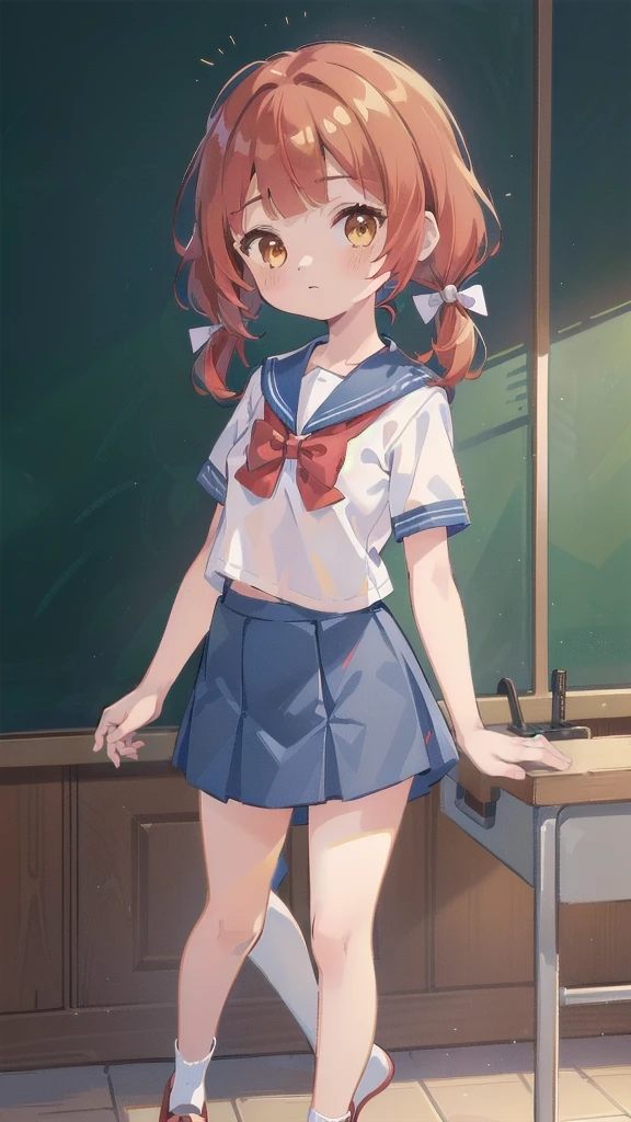 ((top quality, ultra-detailed, high resolution, extremely detailed CG, unity 8k wallpaper, by famous artist, perfect anatomy, super detailed skin, cinematic lighting, UHD, retina, anatomically correct, 1080P)), (Please draw a single one happy girl walking in a classroom school :1.3), ((1girl)), (Solo, face,13-year-old:2.0), a junior high school student, ((cute petit girl, chibi, babyface)) androgynous charm, (Medium hair, ((full red hair)) ((redhead)), pigtails, straight bangs, with a bow in her hair, ((very thin legs)), ((skinny legs, thin body, small build)), Full limbs, complete fingers, ((perfect fingers and hands)), flat chest, small breasts, childish body, small butt, groin, Beautiful detailed full yellow gold eyes, perfect eyes, sailor , ((blue skirt)) and white blouse, ((red bow on the blouse)), blue sailor collar, short sleeves, without stockings, (Detailed Lighting), ((classroom background)), (Detailed scenary background), ((in the school zone)), full body view, ((standing)), legs. Cute, kawaii single girl (one girl), full body shot. ((Background is the school)), front body, ((left hand up, right hand down)), ((little young 13 years old body:1.3))