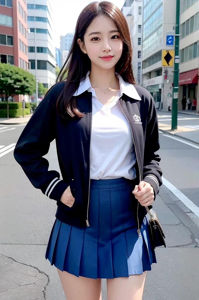 face is :9,3157126699], Realistic high school girl in summer uniform playing in the city, Move ki。serafuku、Seifuku, loose coat collar sailor uniform, Japan , A smile、Skirt and thighs、Raw photo, (in 8K、top-quality、​masterpiece:1.2)、(intricate detailes:1.4)、(Photorealsitic:1.4)、octane renderings、Complex 3D rendering ultra detail, Studio Soft Light, Rim Lights, vibrant detail, super detailing, realistic skin textures, Detail Face, Beautiful detail eyes, Very detailed CG Unity 16k wallpaper, make - up, (detailedbackground:1.2),　shinny skin、turned around、Exposed thighs!!!、