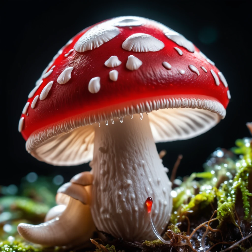 hyperrealistic macro photography of a poisonous red and white mushroom, with a slimy translucent slug crawling on top, cinematic lighting, insane details, 64 megapixel DSLR