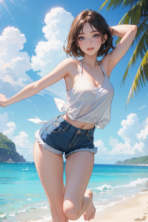 (Highest quality、masterpiece、High resolution、8K)、Vibrant colors、1 Female、Young and beautiful woman、whole body、(Detailed face、Beautiful Eyes、Beautiful nose、Pretty lips)、Black and brown short bob、White tank top and shorts、barefoot、Jump High、Surprised Smile、Official Art、The background is the sea、blue sky、Wide sandy beach、Wide forest、White waves and sandy beach、White Entrance Cloud、