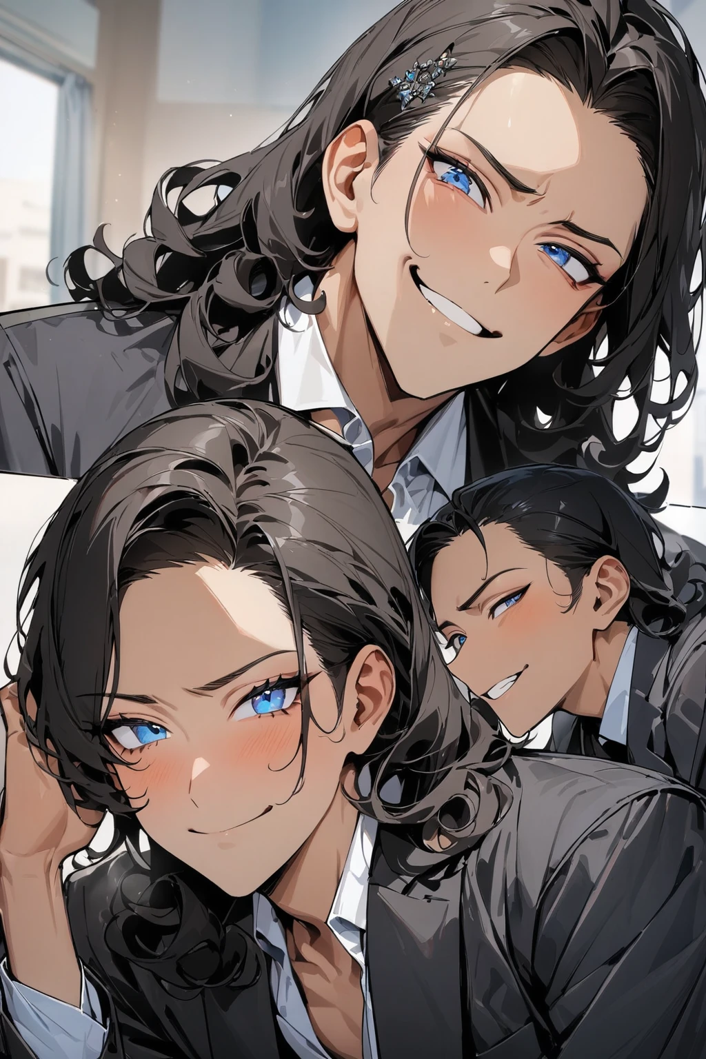 (( straight face picture )) ((best quality)), (Masterpiece)), (details), ( Beautiful colors ) ( ornamentation )( 1 man ) ,doctorหนุ่ม , Tanned skin , black hair,blue eyes ,Shoulder-length hair ,Slightly curly hair , open forehead , suit ,doctor , smile ,Head to knees






