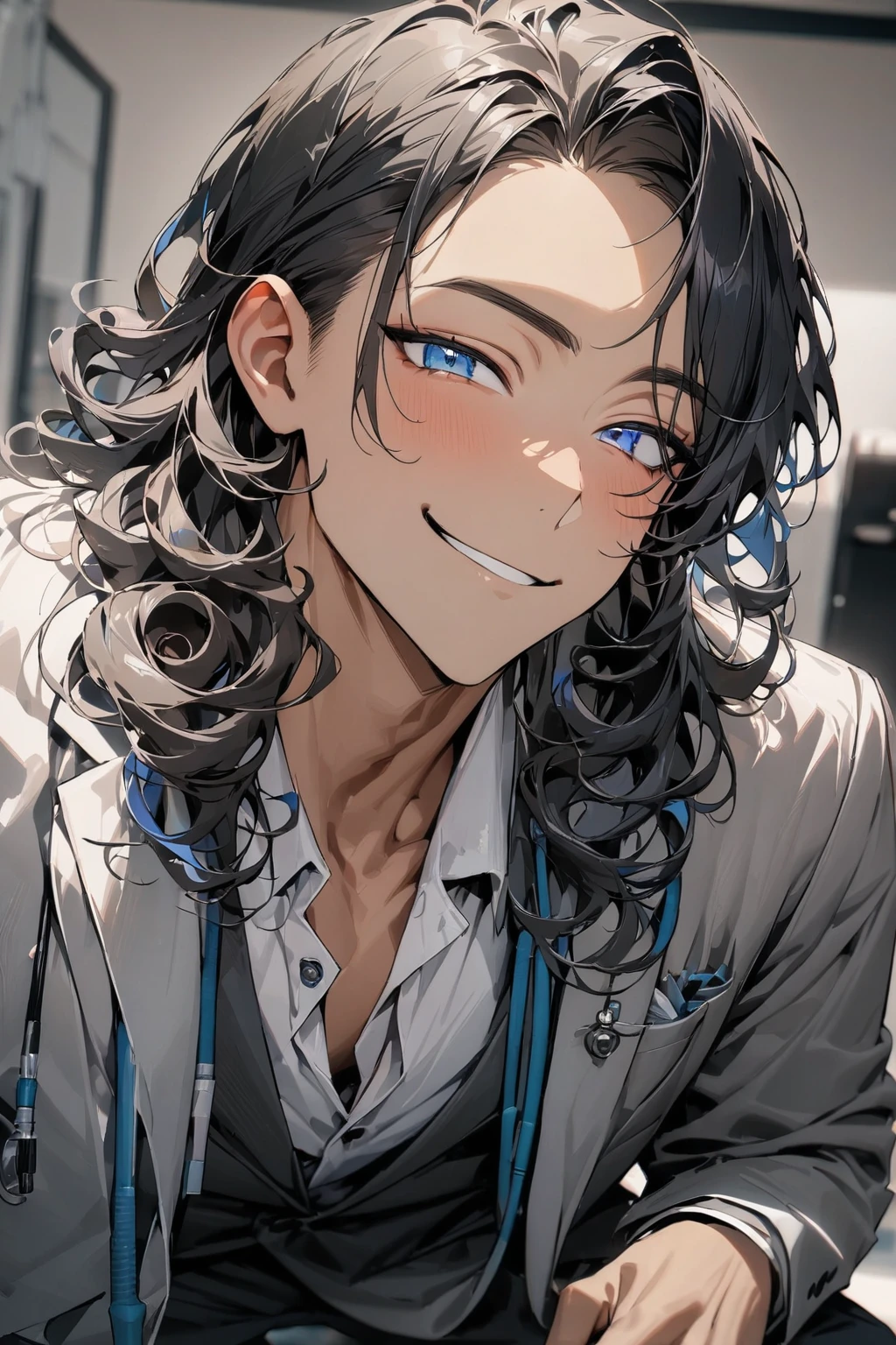 (( straight face picture )) ((best quality)), (Masterpiece)), (details), ( Beautiful colors ) ( ornamentation )( 1 man ) ,doctorหนุ่ม , Tanned skin , black hair,blue eyes ,Shoulder-length hair ,Slightly curly hair , open forehead , suit ,doctor , smile ,Head to knees