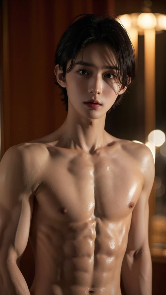 A naked boy appears at home at night,Slender, tender, sexy and cute,Sweating,Having physical contact with multiple people