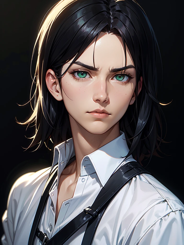 ((Portrait Photo)), He has a Youthful and Nonchalant Black-Haired Appearance, with a Slim Build and Calm Demeanor. He Expresses an Indifferent and Lazy Look, Giving Off a Serene Glint. He has Light Green Eyes, and His Hair is Short, Black and Tousled, with Strands Falling Over His Forehead. He Wears Simple, Urban Clothing, with a Casual White Button-Down Shirt, Accompanied by a Black Straps. ((Portrait Photo, HDR, Dark Background))