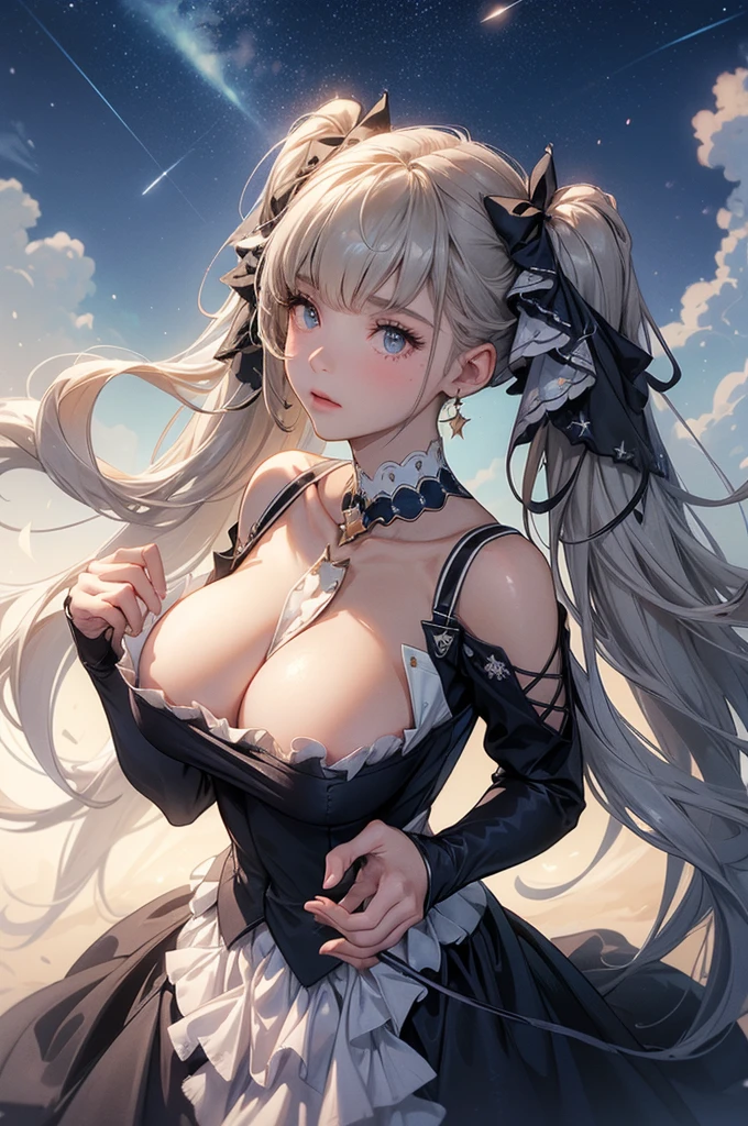 ((dress_default, terrific_default, ornament_waist)):1.5,((独奏, 1girl)) ((masterpiece,Highest quality,Highly detailed images,Beautiful images、Realistic、Dutch Angle)),(Dynamic Angle)、 (Bright lighting overall、Backlight、A fantastic atmosphere、Thick Fog、Dust flutters),(Dynamic pose、Beautiful cleavage、huge breasts, Support your chest with your hands)1.2, ((Beautiful starry sky、shooting star、Ocean))、Black sleeves