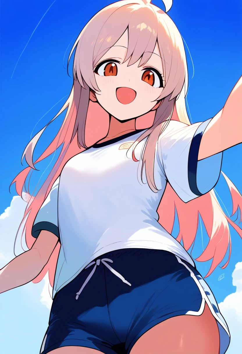 1girl, ultra high res, white shirt, gym shorts, smile, open mouth, sky background, very low angle view, large chest